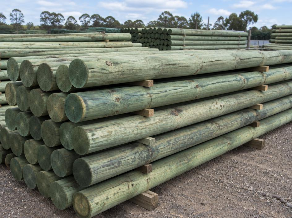 CCA treated eucalyptus poles bundled for export from South Africa