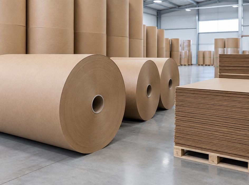 Kraft liner board reels prepared for bulk container export