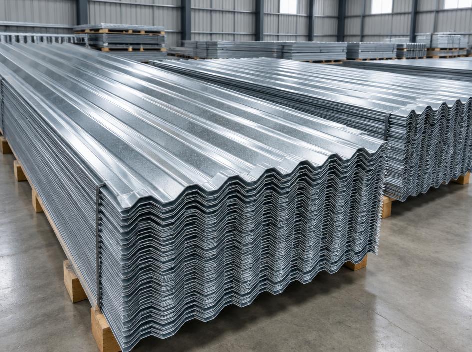 Galvanised corrugated roofing sheet bundles prepared for container export