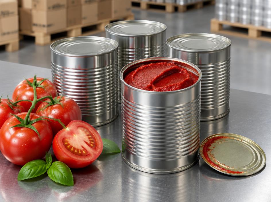 Canned tomato paste 400 g cartons palletised for bulk container export